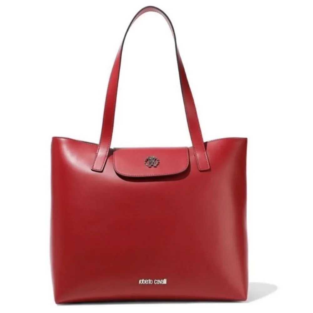Roberto Cavalli Smooth Red Leather Tote with Top Handles
